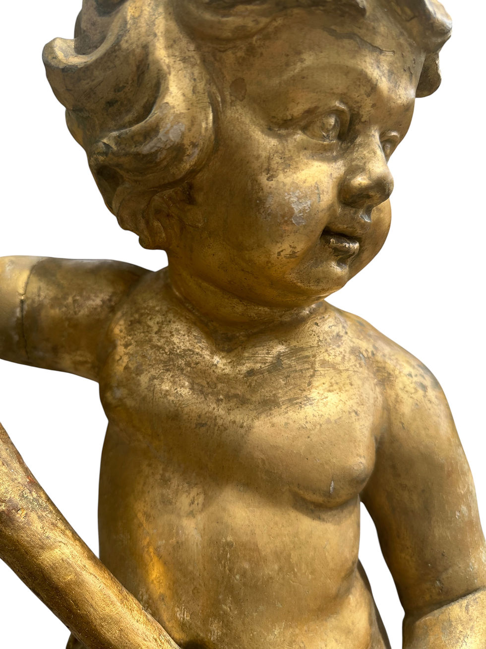 Thumbnail: Large 18th C. Italian Baroque Carved, Gilded, Silvered Wood Putto Figure Seated.