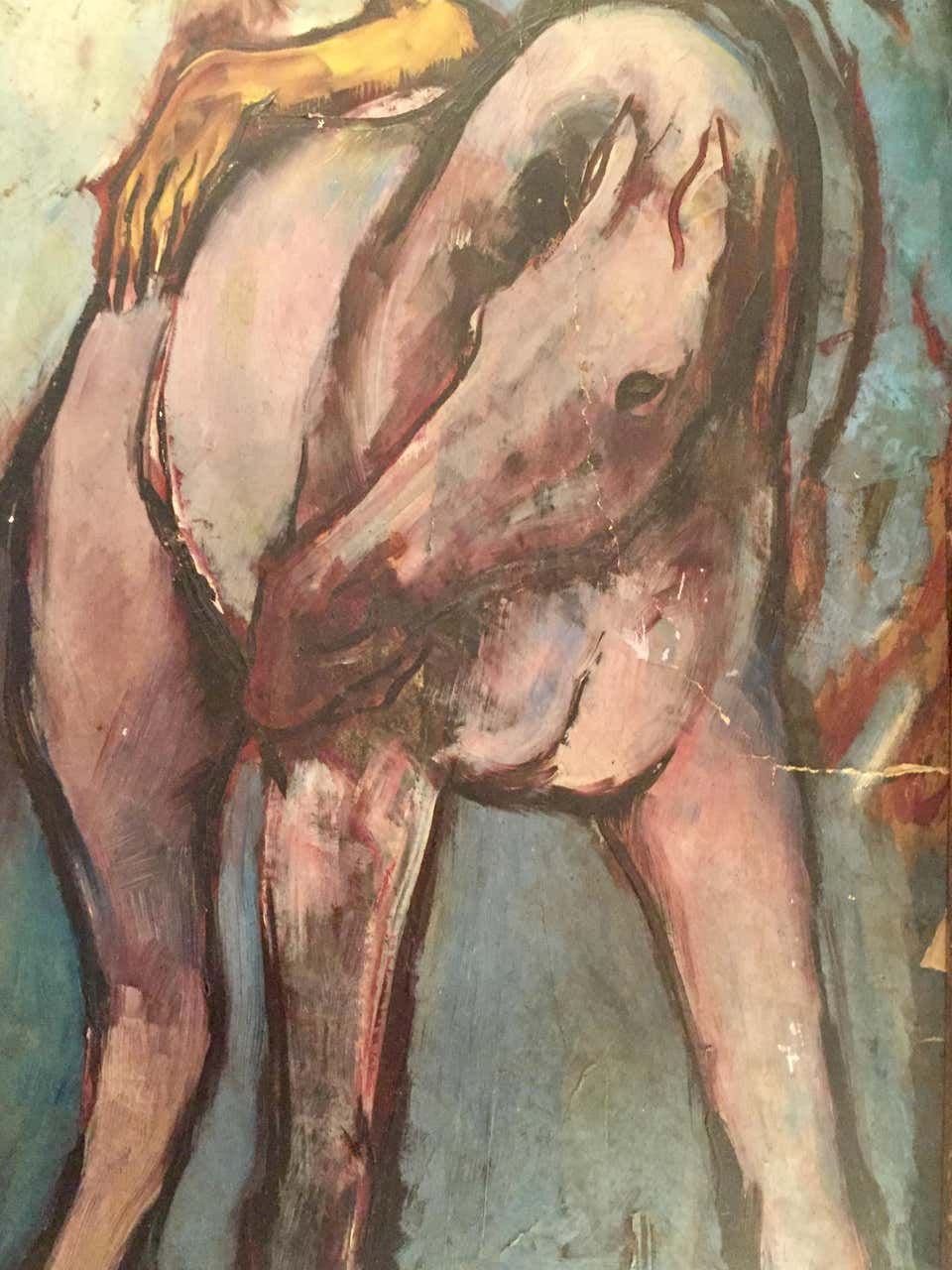 Thumbnail: Picasso School Painting of a Harlequin with Horses, Oil on Artist Cardboard