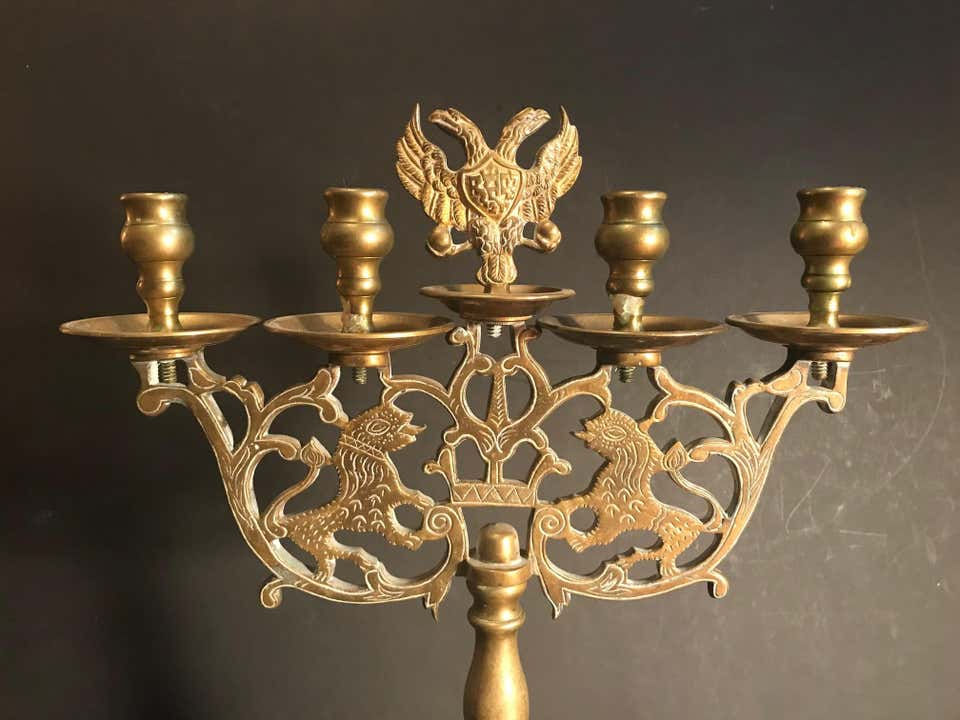 Thumbnail: Late 18th Century Large Brass Sabbath Candelabra, Judaica of Poland