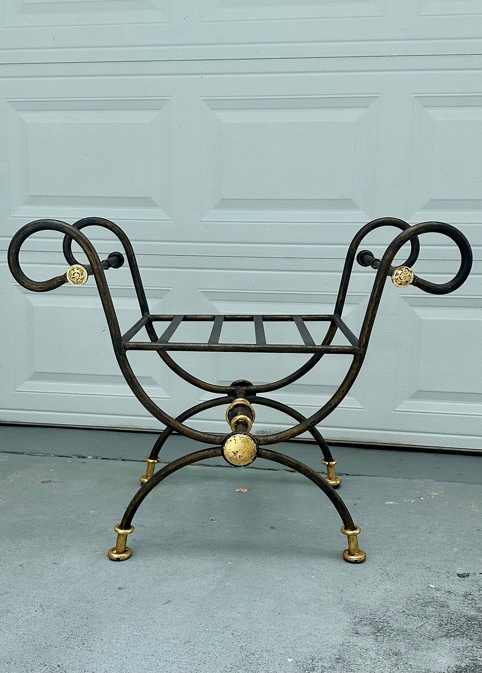 Thumbnail: Maison Jansen Style Partial Gilt Wrought Iron Curule Bench.