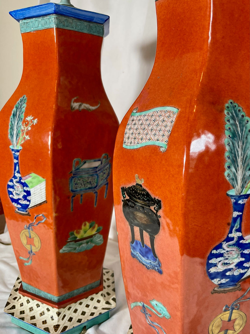 Thumbnail: Pair of Large Chinese Porcelain Lamps Coral-Red, Qing Dynasty.
