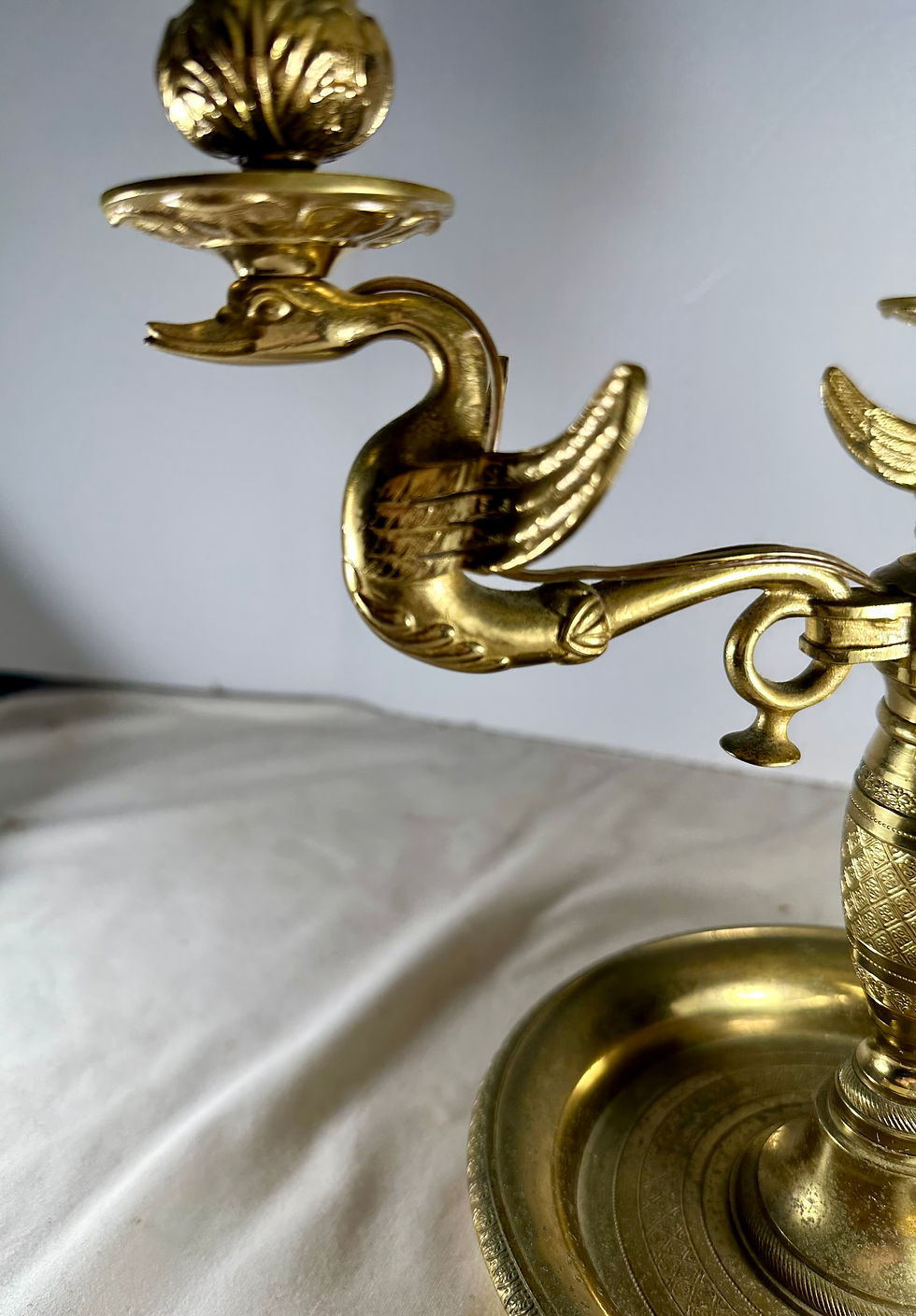 Thumbnail: Early 19th Century French Empire Bouillotte Green Tole Three Light Table Lamp.