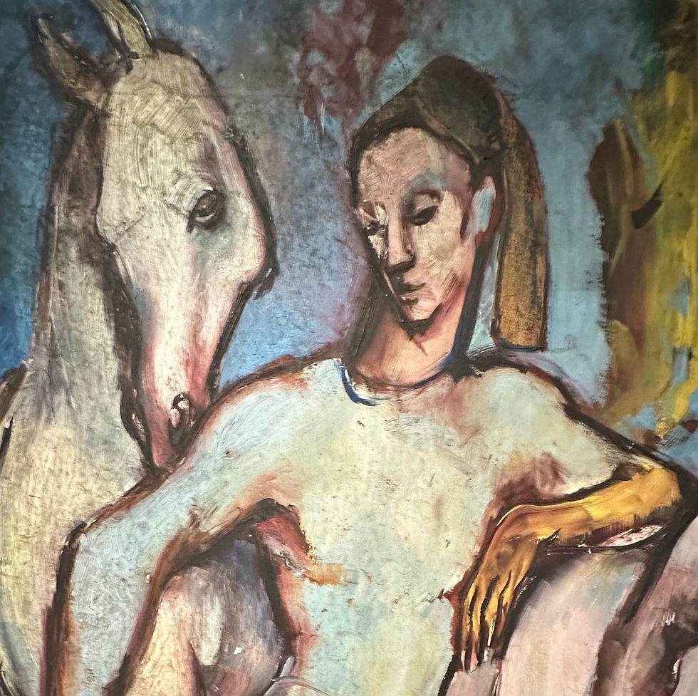 Thumbnail: Picasso School Painting of a Harlequin with Horses, Oil on Artist Cardboard