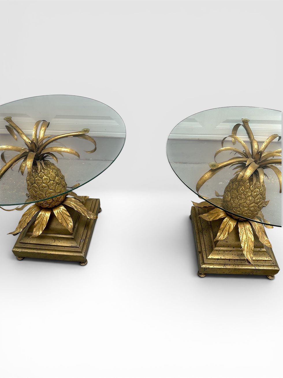 Thumbnail: Pair of Mid-Century Italian Hollywood Regency Brass Pineapple Side Tables.