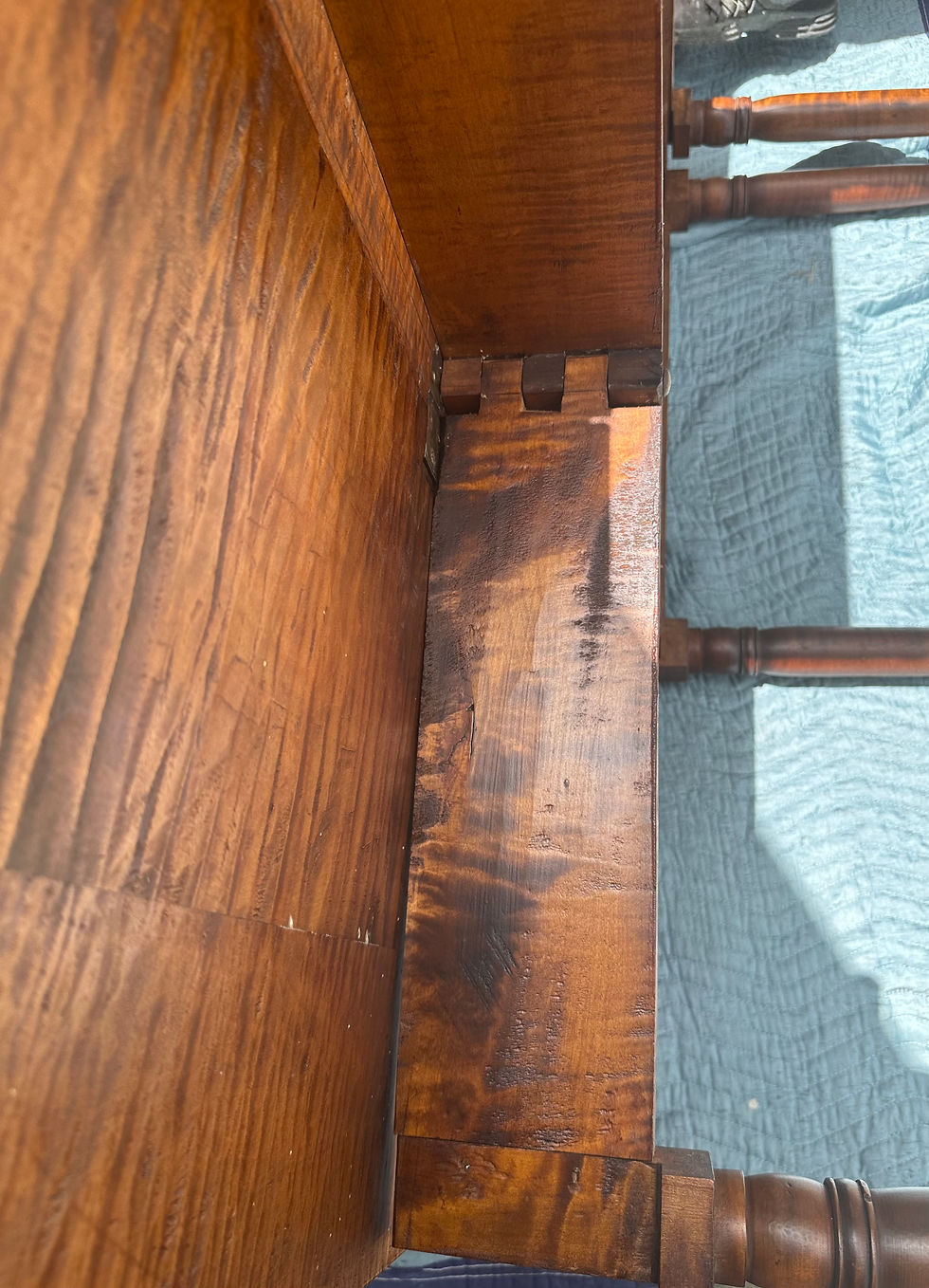 Thumbnail: 19th Century American Sheraton Tiger Maple Drop Leaf Dining Table