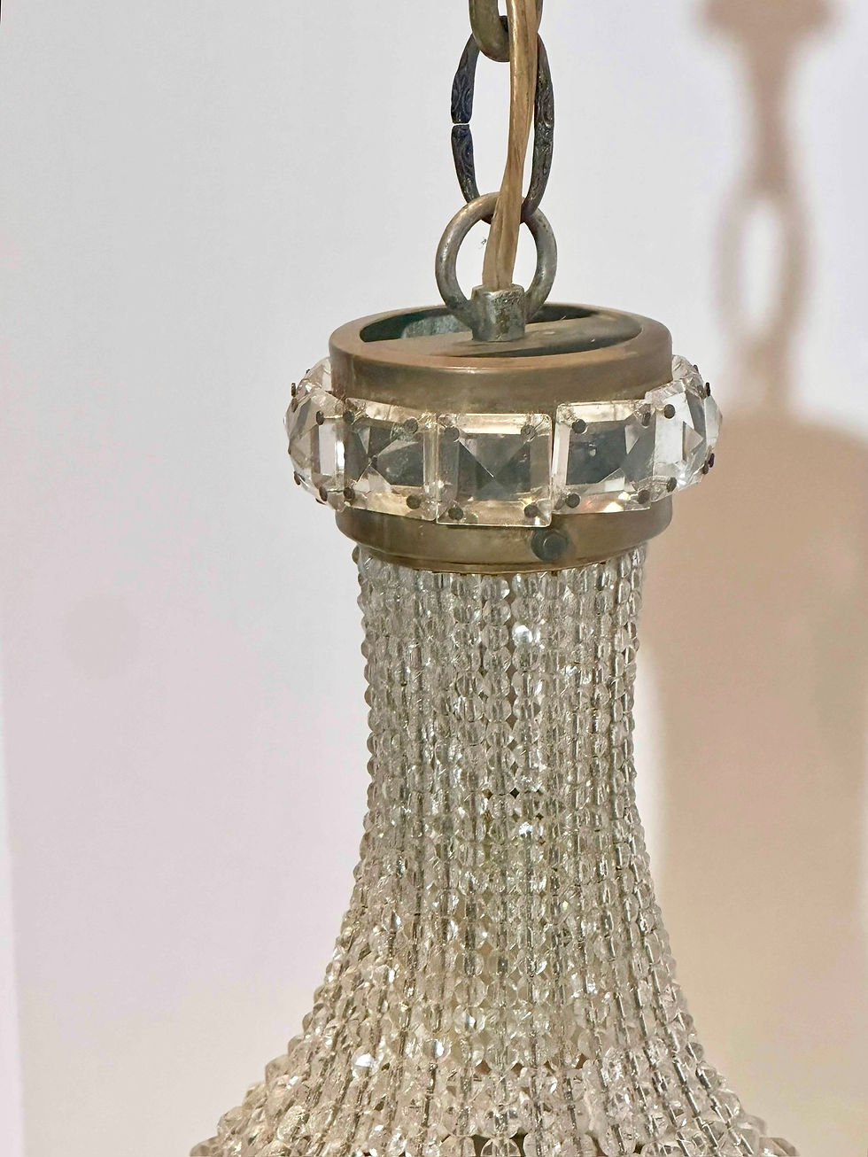 Thumbnail: Petite Antique French Louis XVI Style Crystal Sack of Pearls Chandelier