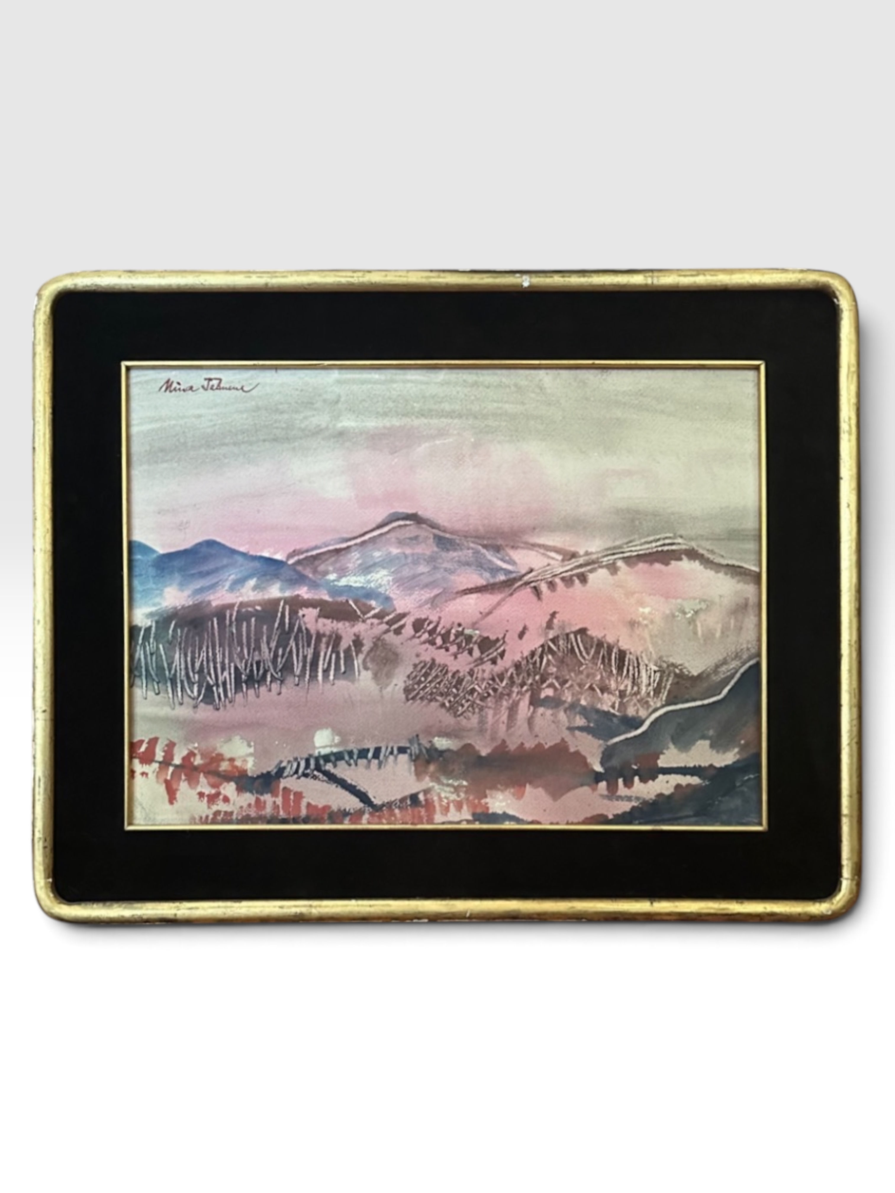 Mid-Century Abstracted Watercolor & Wax-Resist Mountain Landscape by Mina Ta