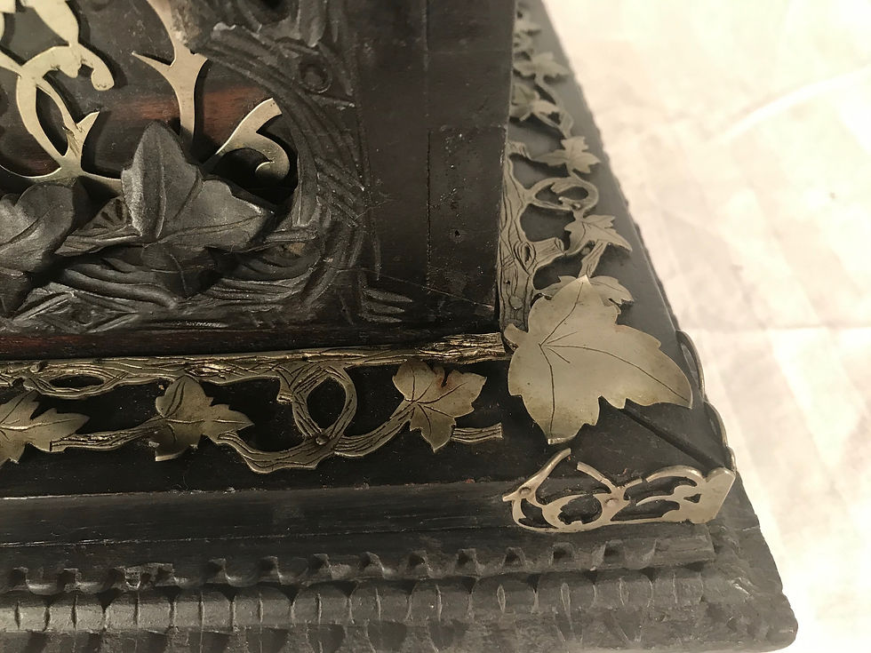Thumbnail: 19th C. Huge Black Forest Carved Ink Stand, German Silver Leaves Embellishment