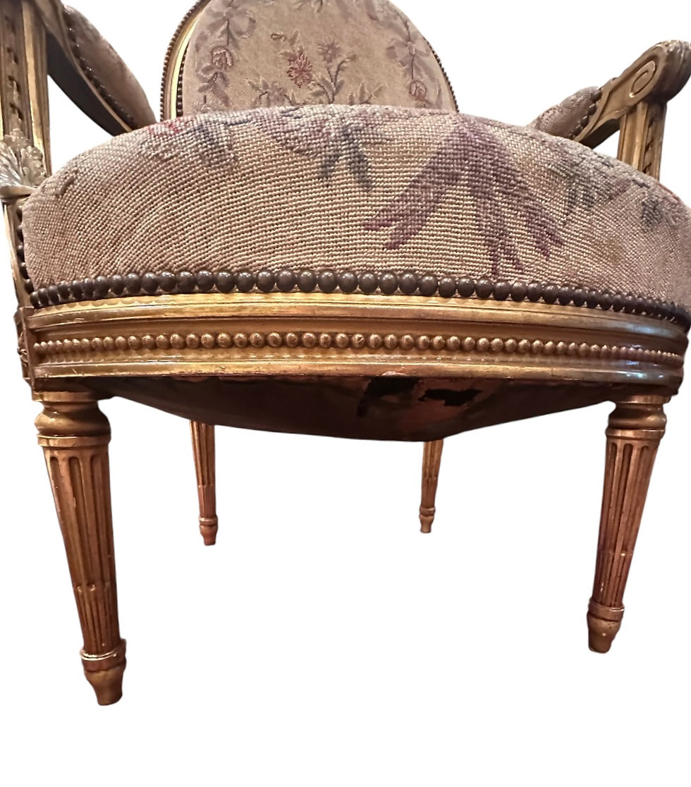 Thumbnail: Antique French Pair of Louis XVI Style Carved Giltwood Fauteuils