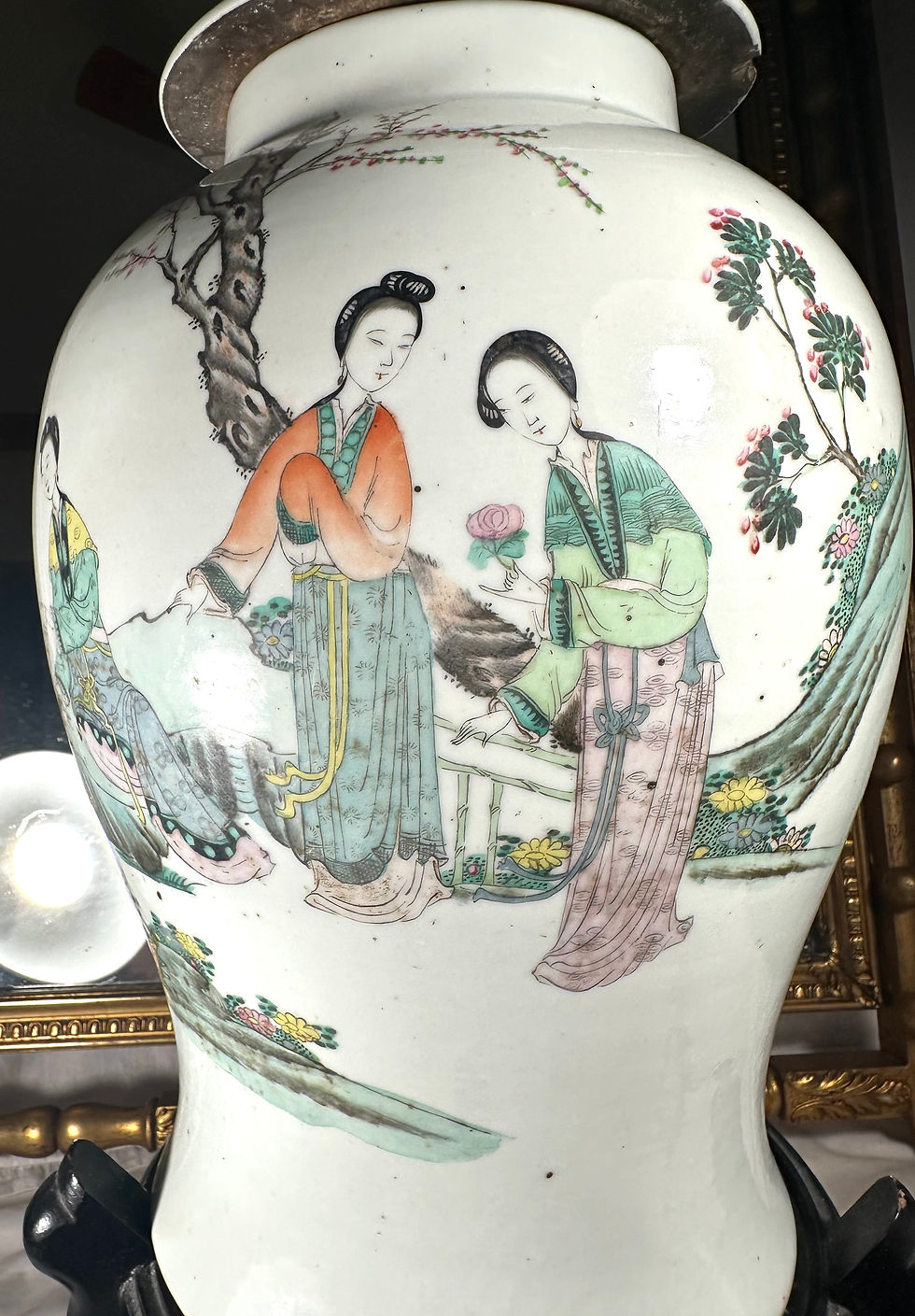 Thumbnail: Large Antique Chinese Famille Rose Porcelain Baluster Vase Temple Jar.