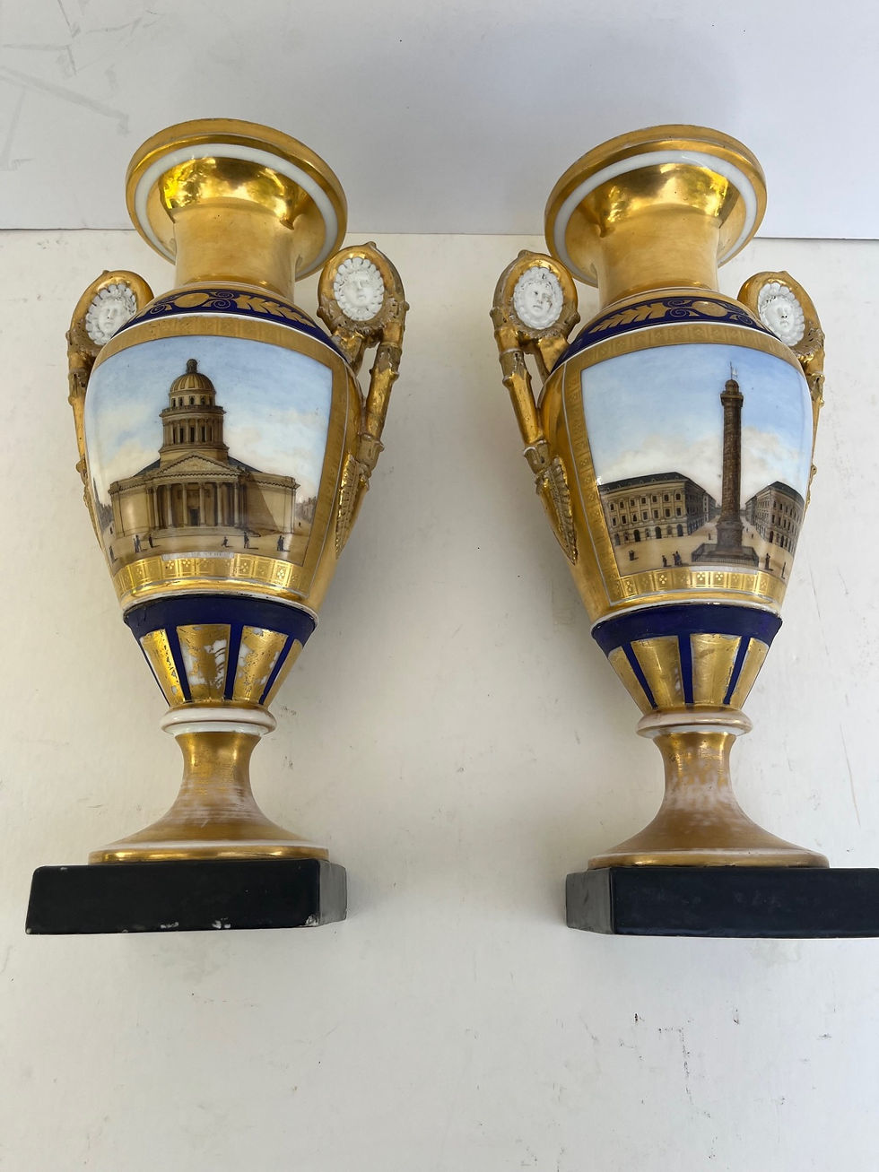 Thumbnail: Pair of Paris Two Handled Vases in Gold and Cobalt Blue.