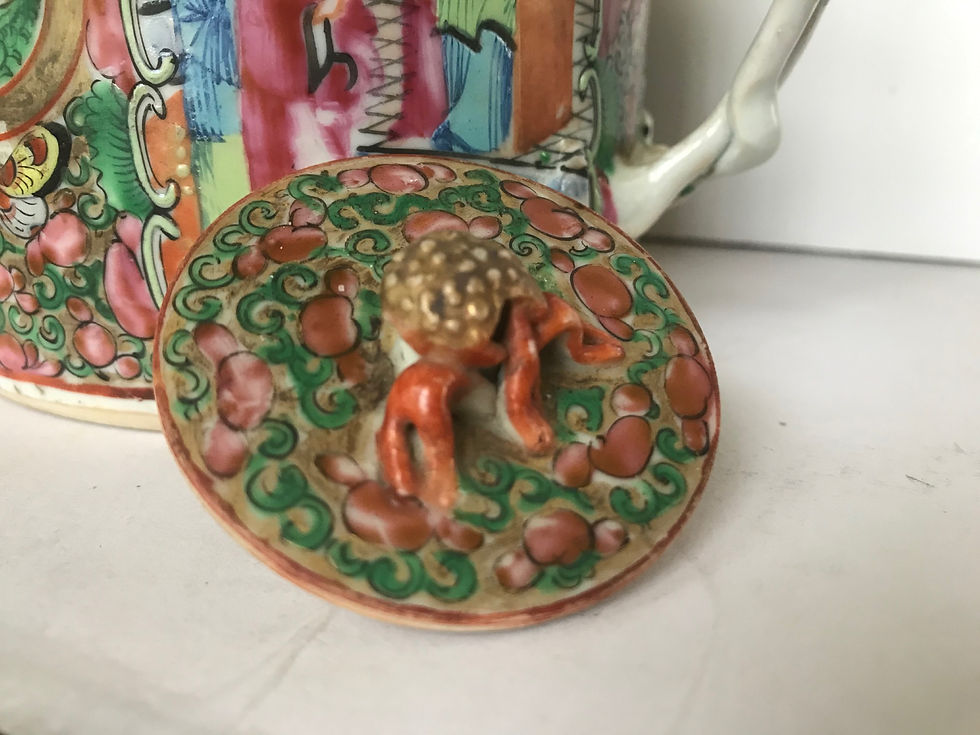 Thumbnail: SOLD -Chinese Export Rose Medallion Branch Handle Porcelain Teapot