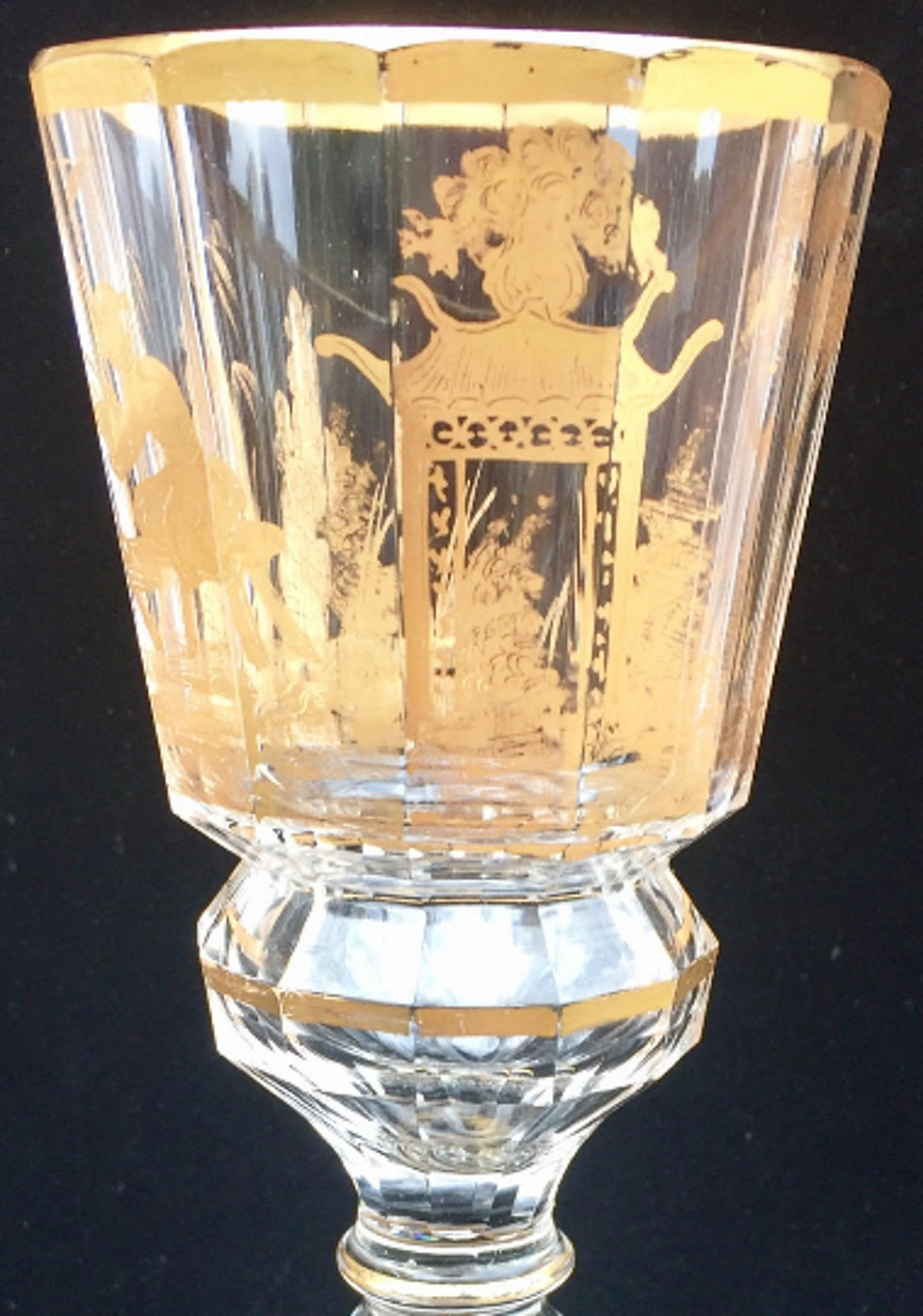 Thumbnail: Three 18th Century Bohemian Facet Cut Gilded Wine Glasses, Three Goblets