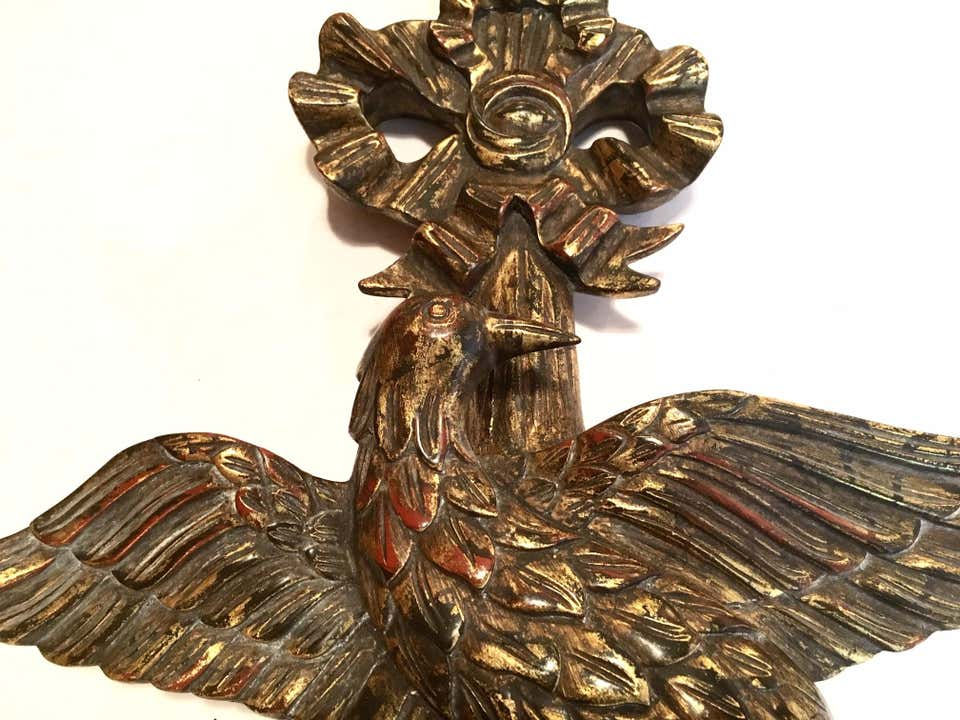 Thumbnail: Large Vintage American Federal Style Eagle Wood Carving Two-light Candle Sconce