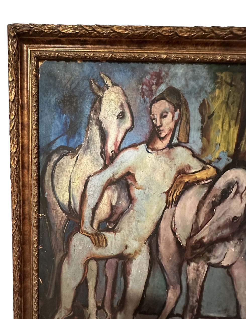 Thumbnail: Picasso School Painting of a Harlequin with Horses, Oil on Artist Cardboard