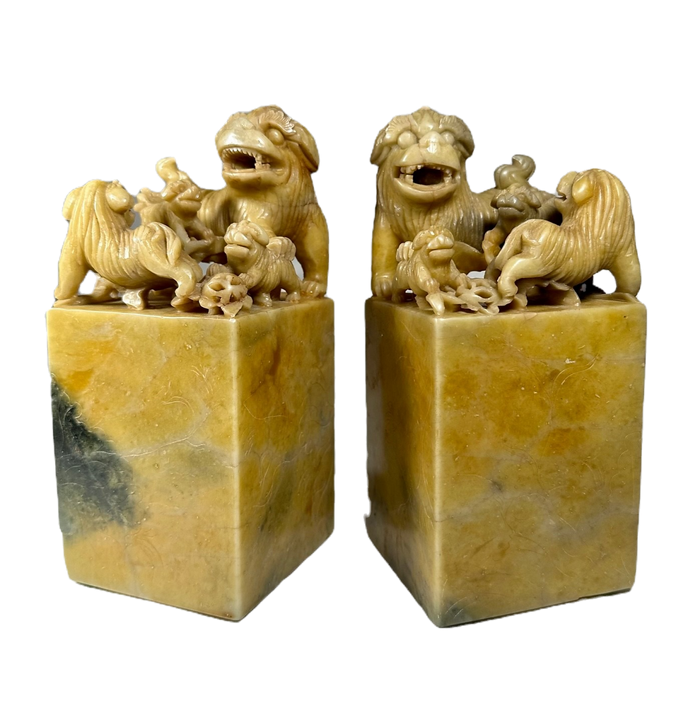 Pair of Large Chinese Qing Dynasty Carved Soapstone Seals. 7"