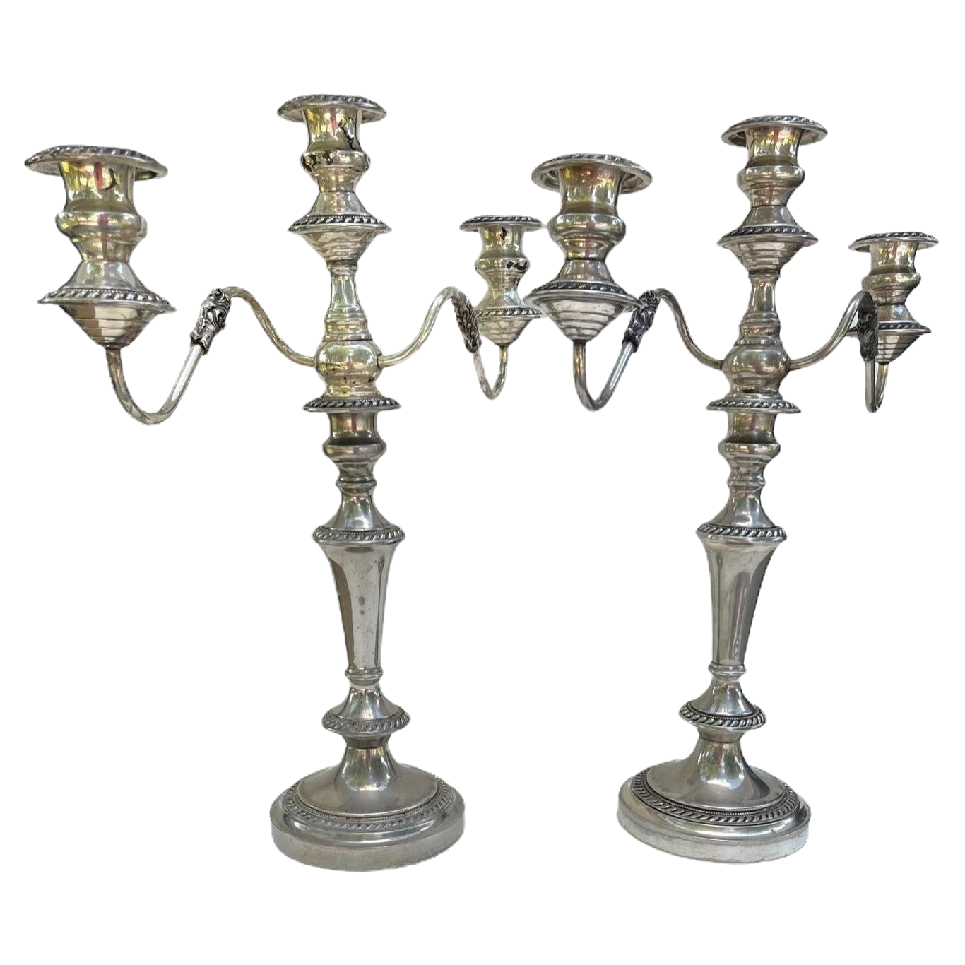 Pair George III Old Sheffield Silver Plated Three Light Candelabras.