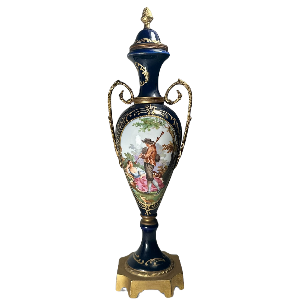Antique Sevres Style Cobalt Blue Porcelain Vase, Double Handled Lidded Urn