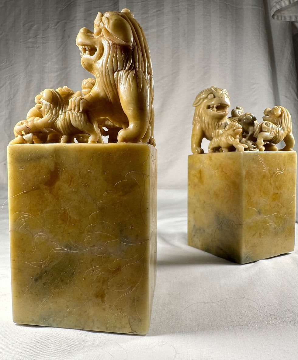 Thumbnail: Pair of Large Chinese Qing Dynasty Carved Soapstone Seals. 7"