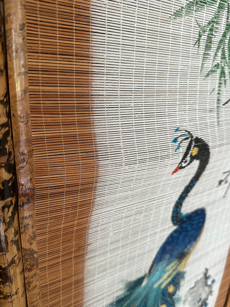 Thumbnail: Mid-Century Hand Painted Peacocks Folding Room Divider Screen Tortoise Finish Ba