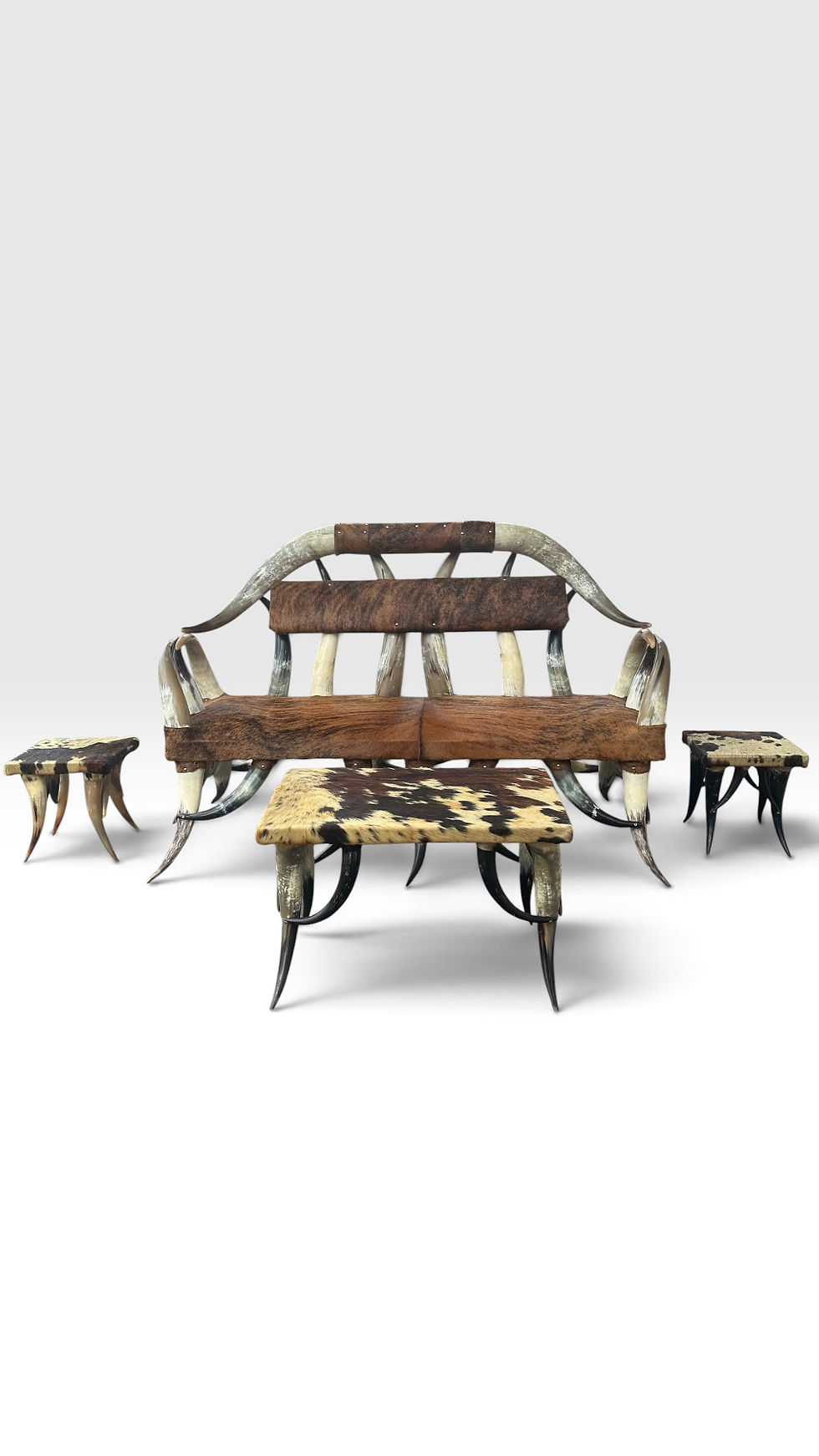 Thumbnail: Rare Vintage Southwest Style Sculptural Texas Longhorn & Cowhide 5-Piece Living 