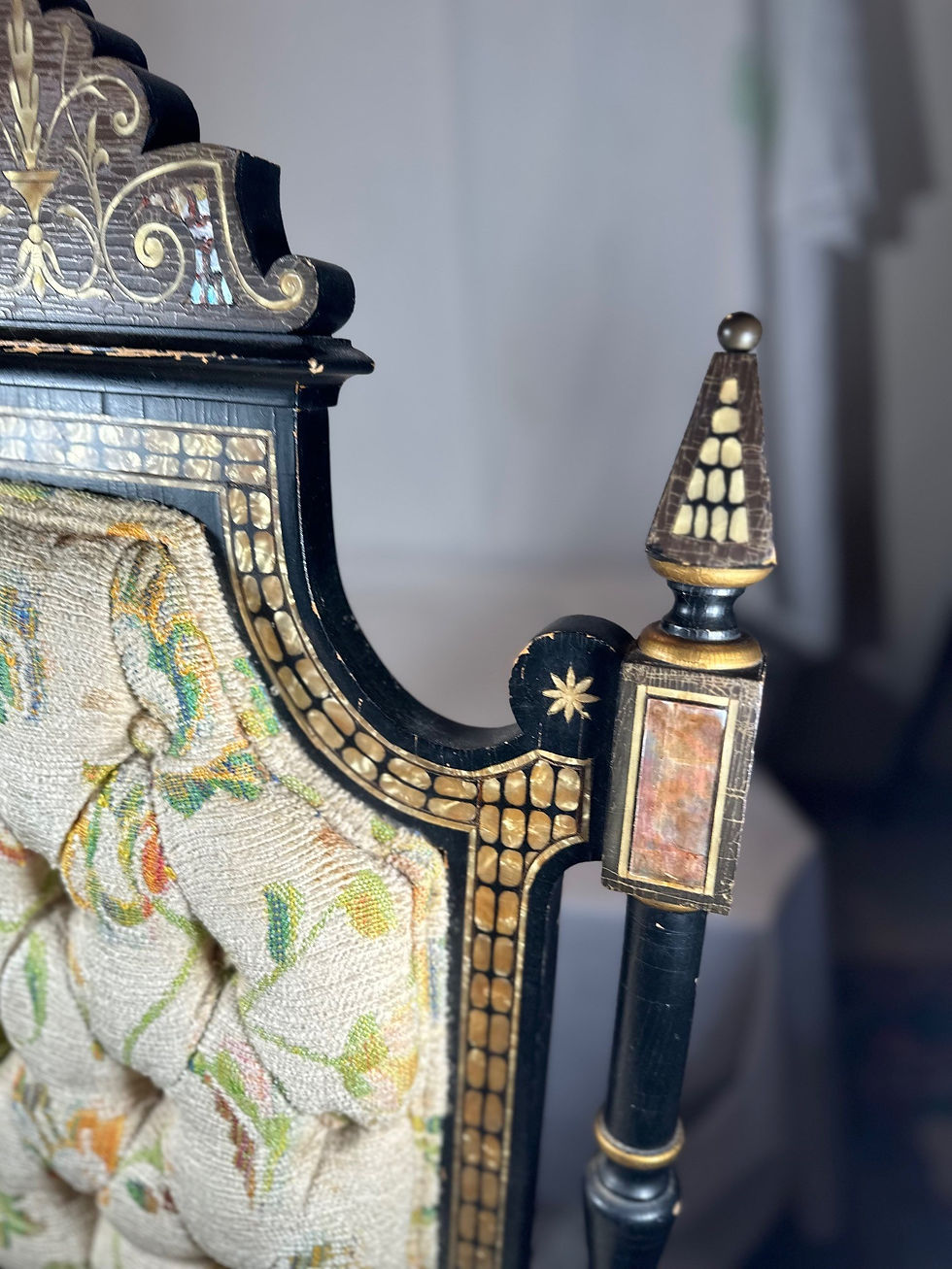Thumbnail: Mid Victorian Ebonized Chair with Mother of Pearl Inlay.