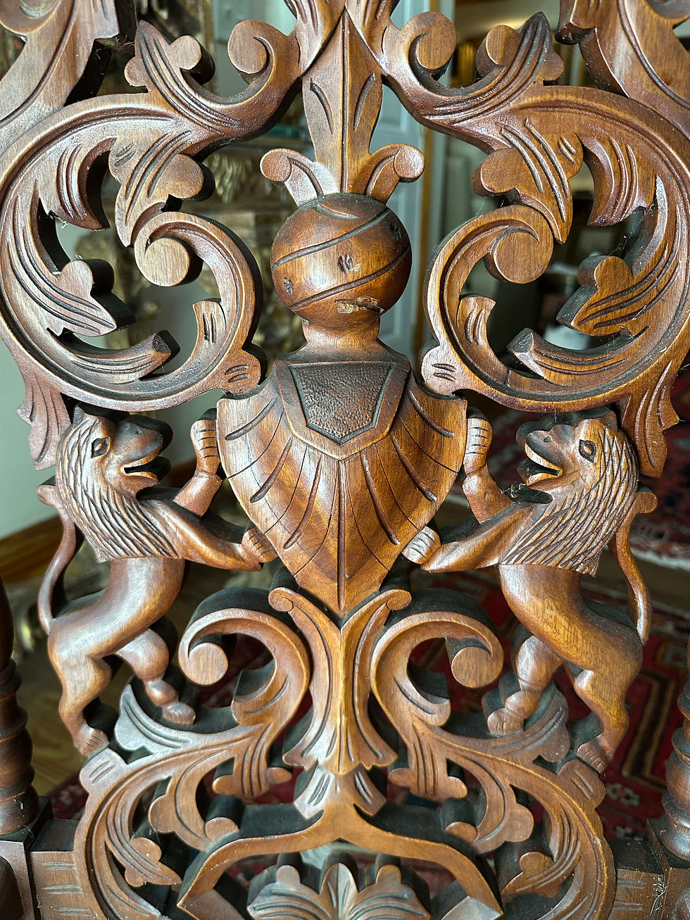 Thumbnail: 19thC Victorian Renaissance Revival Carved Walnut Armorial Slipper Chair.