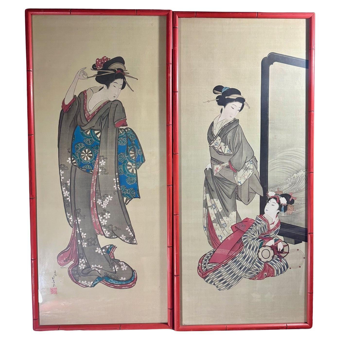 Pair of Japanese Signed Woodblock Prints C. 1910. H 42"