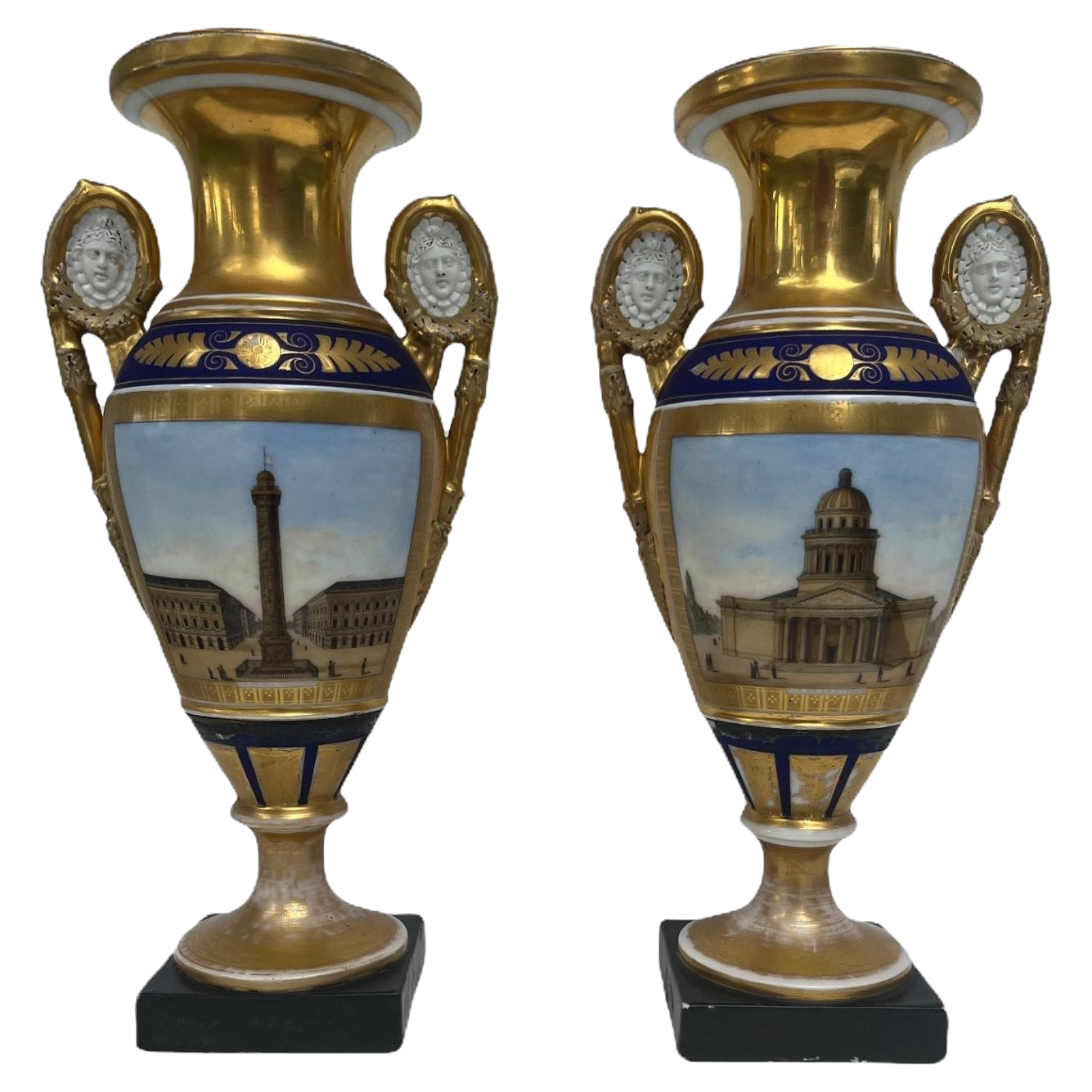 Pair of Paris Two Handled Vases in Gold and Cobalt Blue.