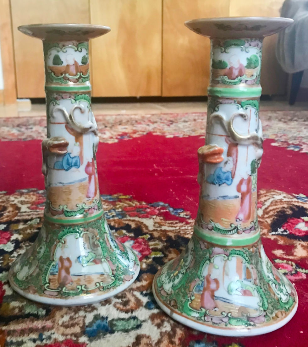 Thumbnail: SOLD -19th Century Pair of Rare Chinese Rose Medallion Porcelain Candlesticks