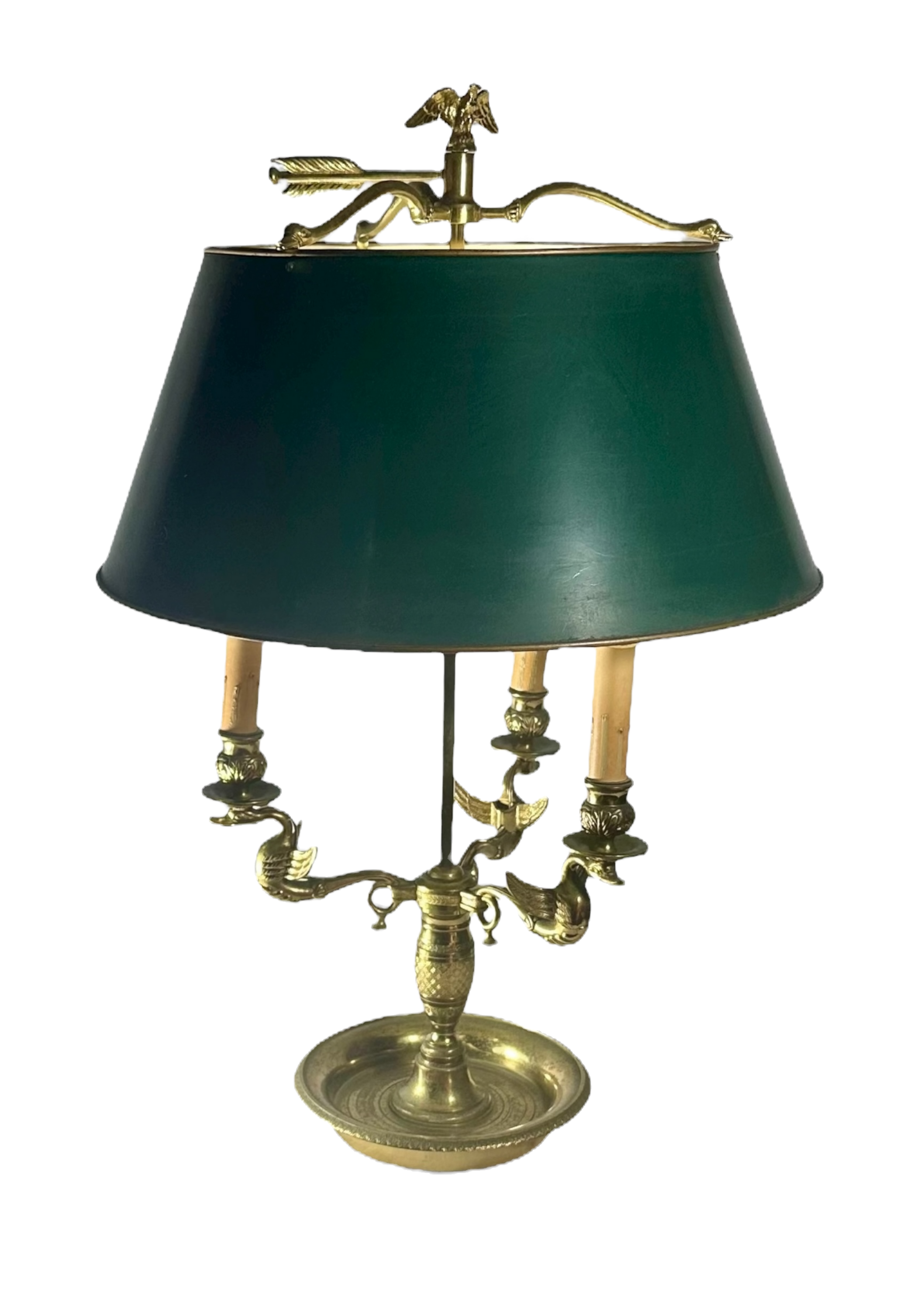 Early 19th Century French Empire Bouillotte Green Tole Three Light Table Lamp.