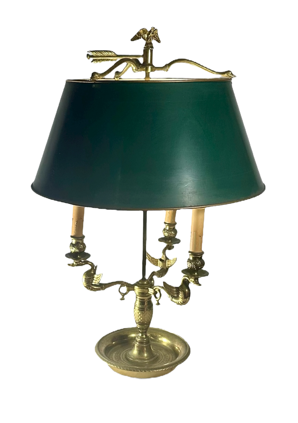 Early 19th Century French Empire Bouillotte Green Tole Three Light Table Lamp.