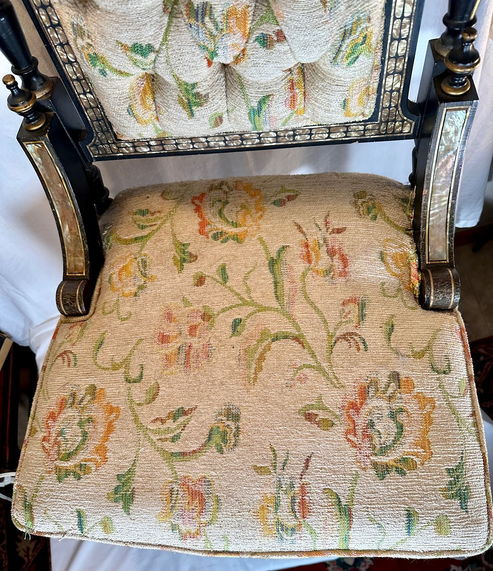 Thumbnail: Mid Victorian Ebonized Chair with Mother of Pearl Inlay.