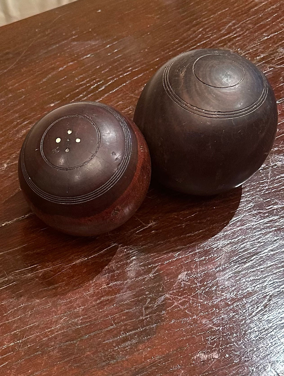 Thumbnail: Two 19th Century Scottish Lignum Vitae Carpet / Lawn Balls