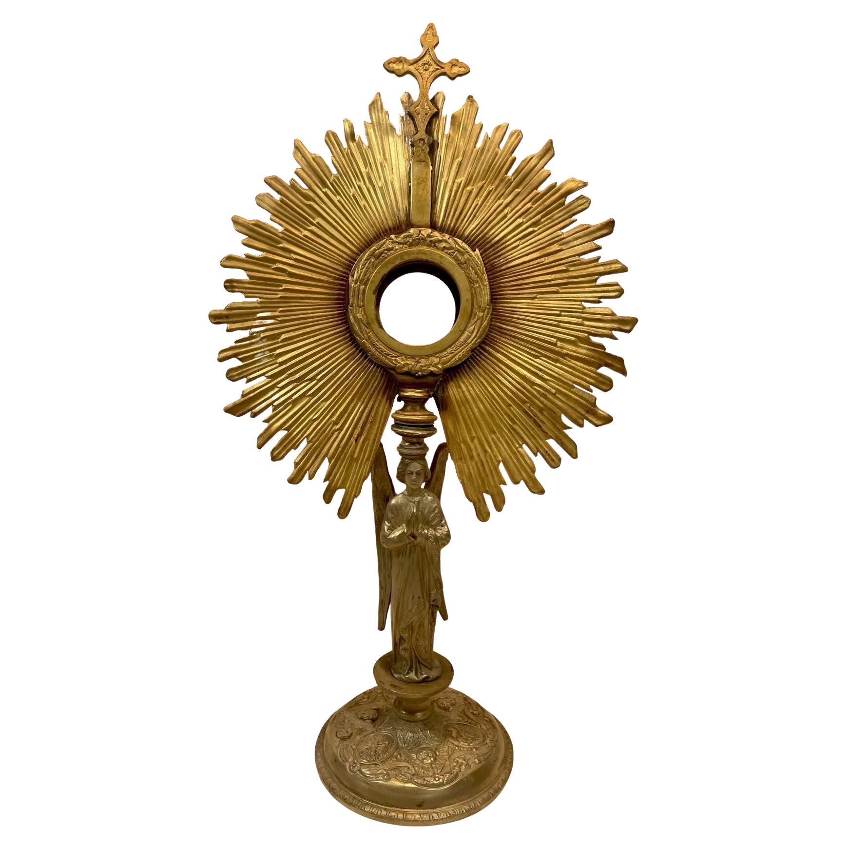 19th Century French Gilt Brass Eucharistic Monstrance with Cross and Wheat Des