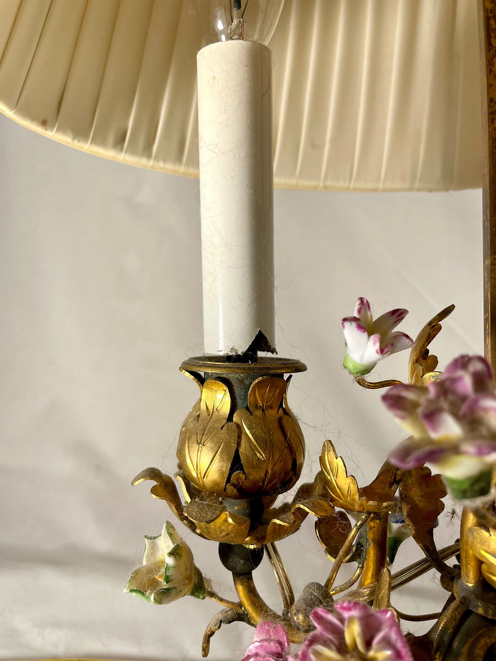 Thumbnail: French Louis XV Style Ormolu Mounted Porcelain and Tole Two-Light Table Lamp.