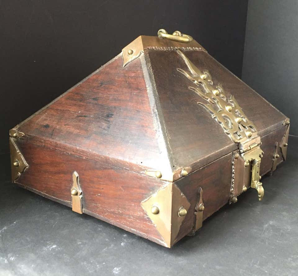 Thumbnail: SOLD -Antique Kerala Ethnic Indian Mahogany Jewelry Box with Brass Mounting
