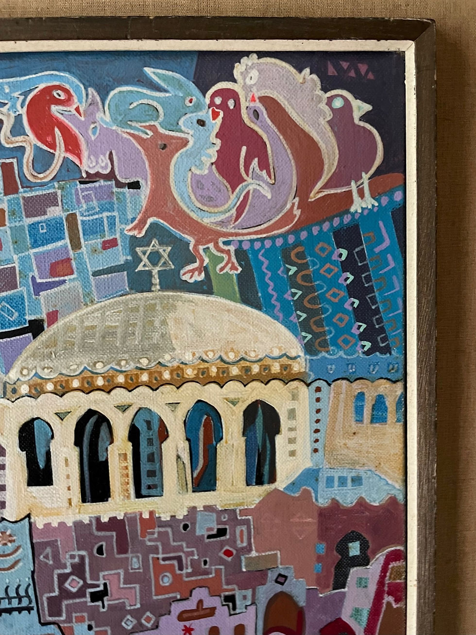 Thumbnail: Jewish Art Acrylic Painting on Canvas, Wedding in Jerusalem Signed/Dated 1970