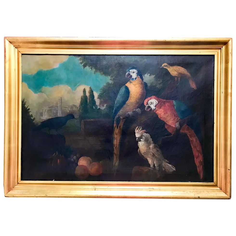 SOLD -Jacob Bogdani Follower, Still Life with Parrots Oil on Canvas.