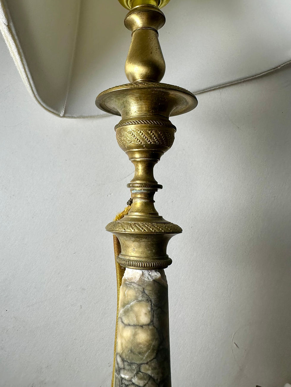 Thumbnail: 19th Century Neoclassical Pair Brass Marble Candlestick Table Lamps.