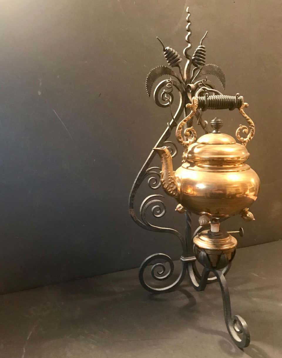 Thumbnail: 19th Century English Brass Tea Kettle Warmer Rare Wrought Iron Stand