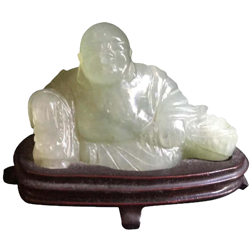 Chinese Carved Jade Buddha on Wood Base