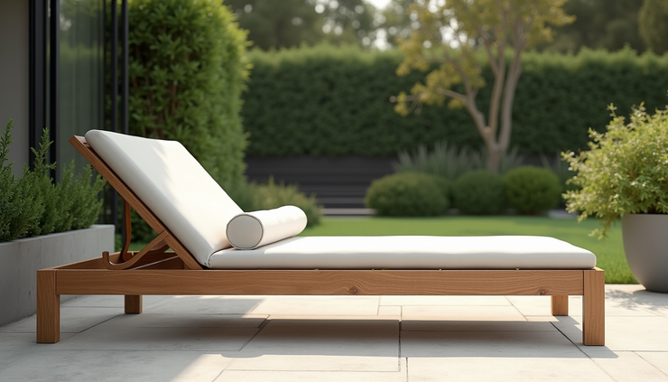 Vista a livello occhi di un elegante salotto da giardino in legno e tessuto resistente