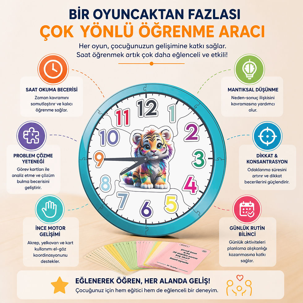 Küçük resim: Ahşap Saat Öğrenme Seti – Montessori Puzzle, 30 Görev Kartı, 3-8 Yaş