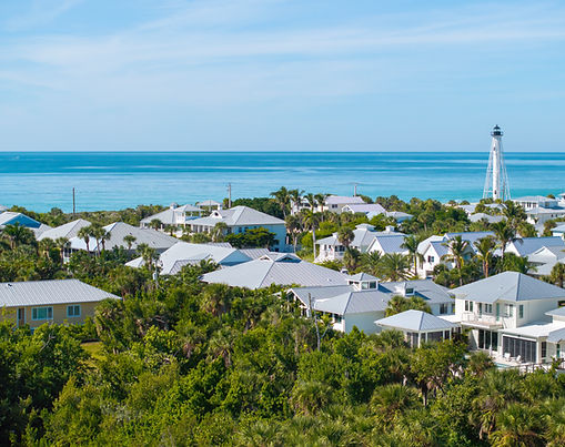 Coastal Waterfront Homes With Palm Trees And Lighthouse View