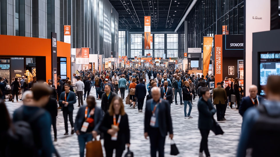 Large Crowd Of Attendees Walking Through A Busy Trade Show Exhibition Hall With Multiple Booths, Branded Displays, And Modern Convention Center Architecture