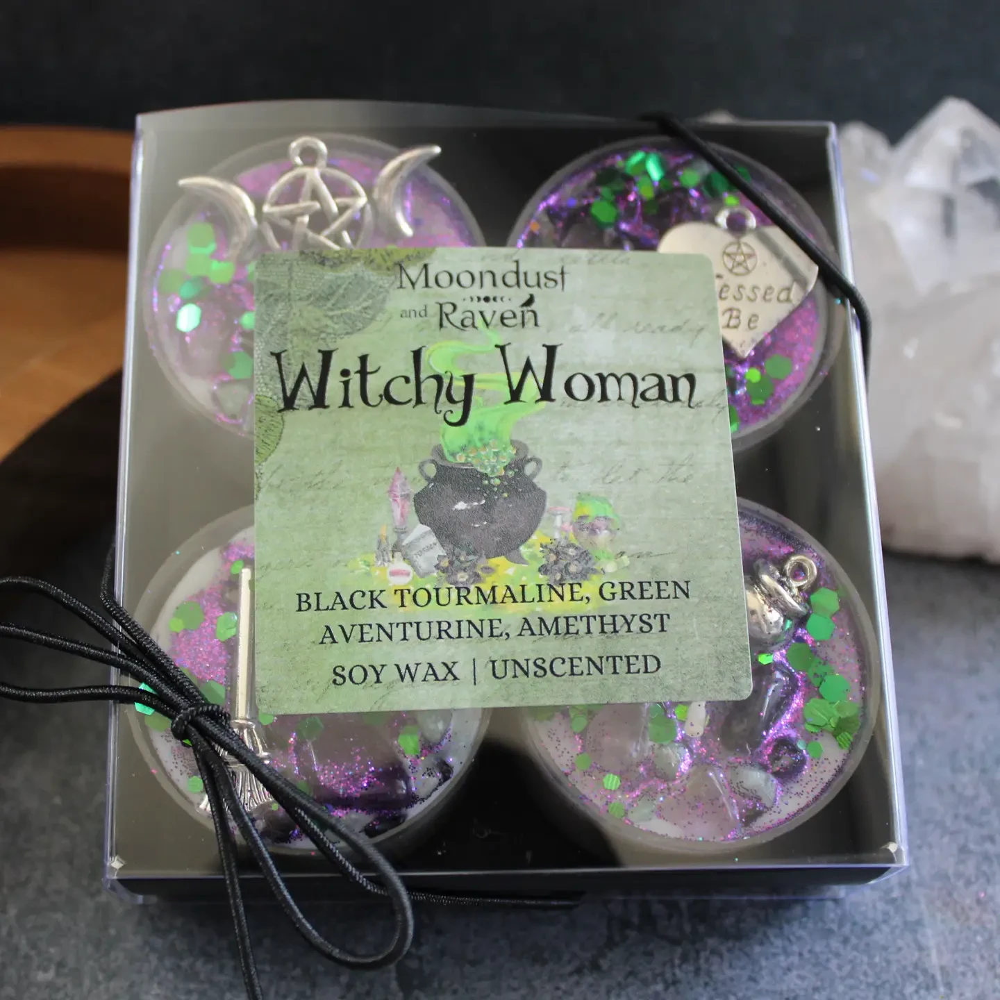 Soy Candles 4 Pack: Witchy Woman Tealight Crystal Candles, Ritual Candles