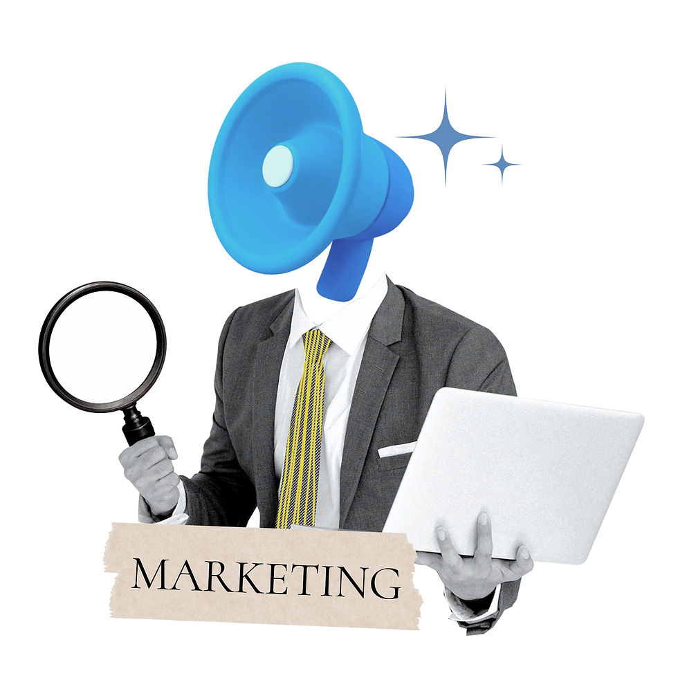 Creative Marketing Concept Featuring A Businessperson With A Megaphone Head Holding A Magnifying Glass And Laptop On A White Background
