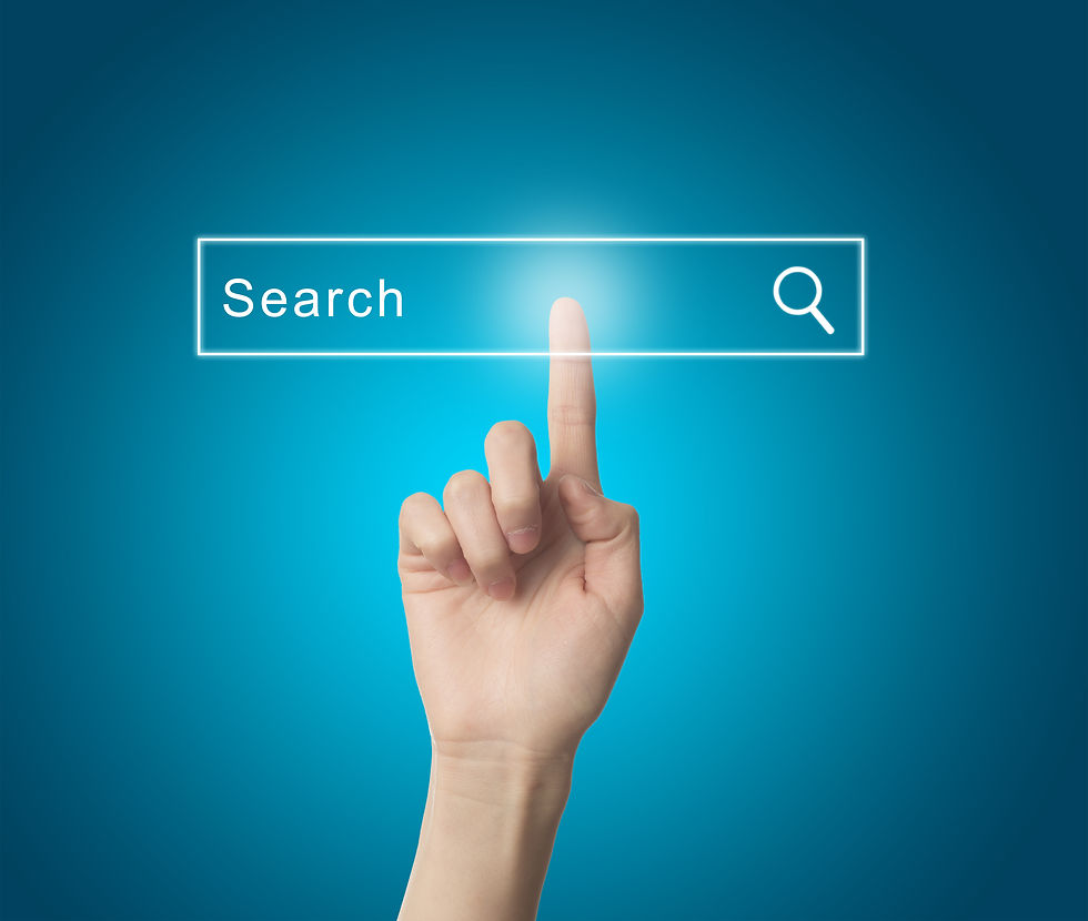 Hand Touching A Digital Search Bar With A Magnifying Glass Icon On A Blue Background, Representing Online Search And Search Engine Technology