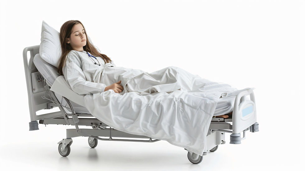 Young Girl Resting In Hospital Bed On White Background